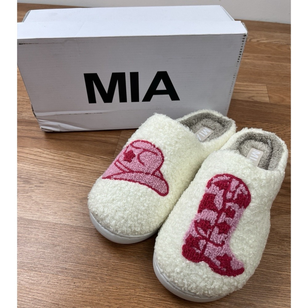 Mia Women's Slide Slippers Western Graphics White Faux Fur Size 10 NEW